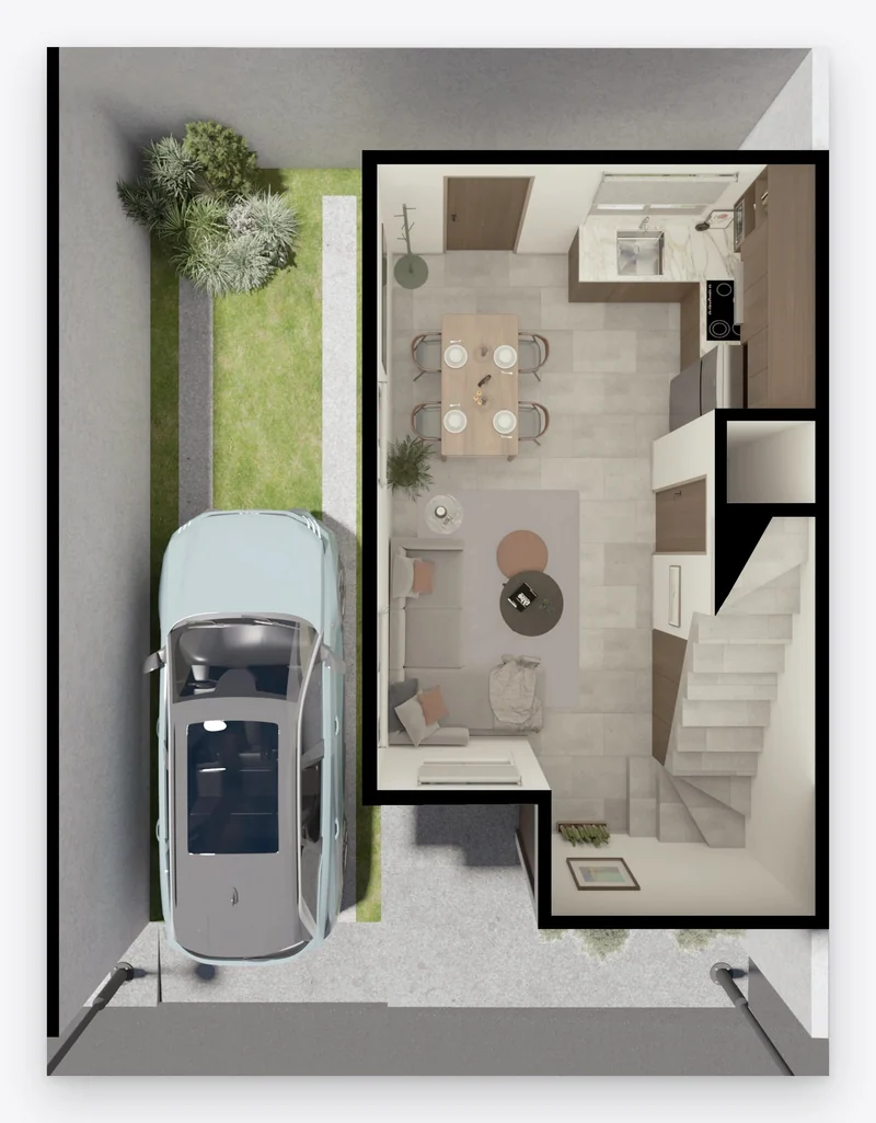 Planta arquitectónica baja completa del modelo Laurel, con sala, cocina, comedor, medio baño, cochera y patio