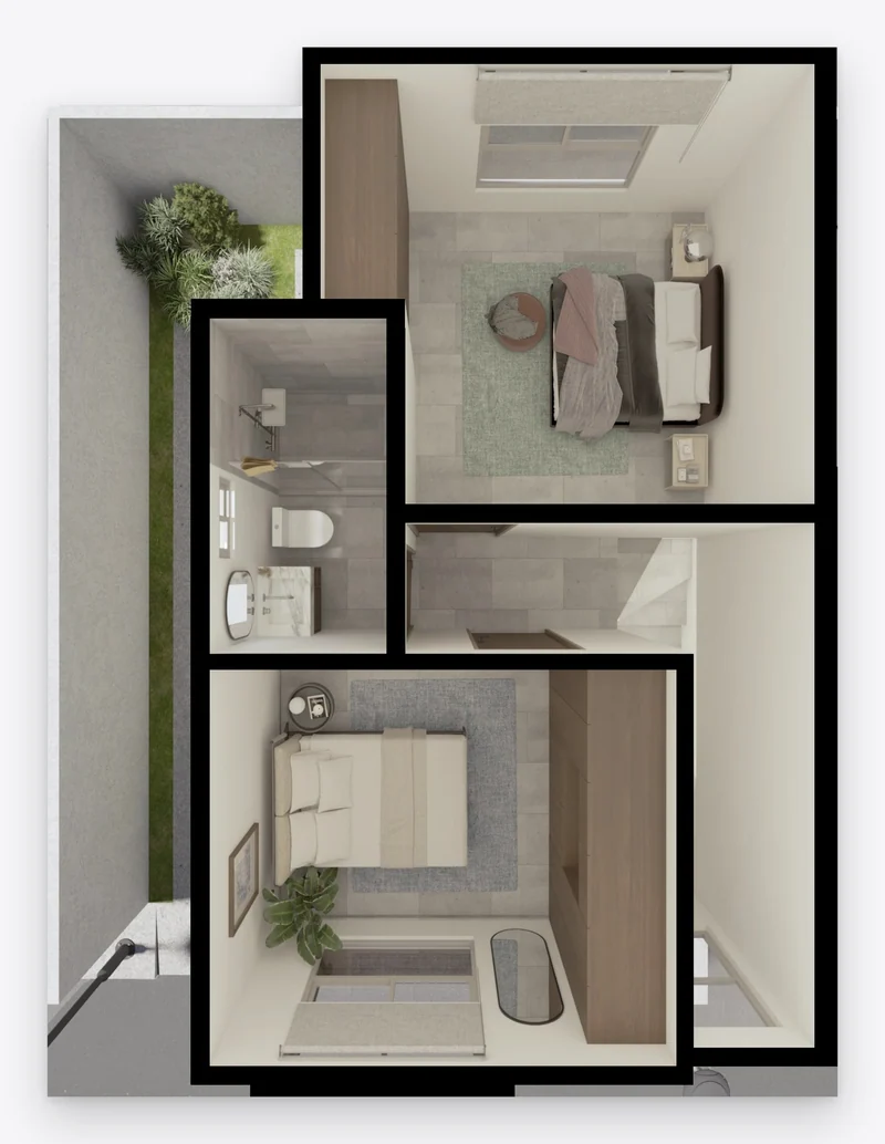 Planta arquitectónica alta completa del modelo Laurel, con dos recámaras y baño completo