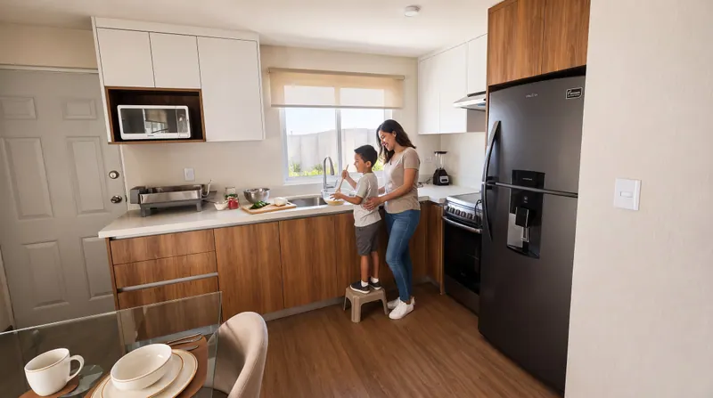 Escena ilustrativa de una mamá y su hijo compartiendo en la cocina